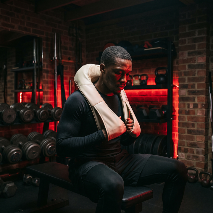 Cream-coloured massager worn for post-workout recovery at home