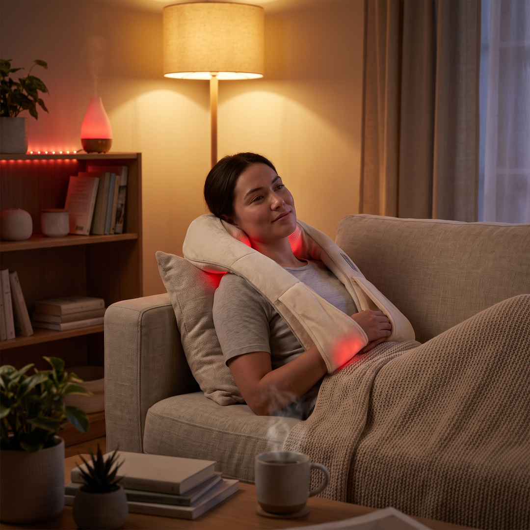 Cream-coloured massager worn while relaxing at home in the evening