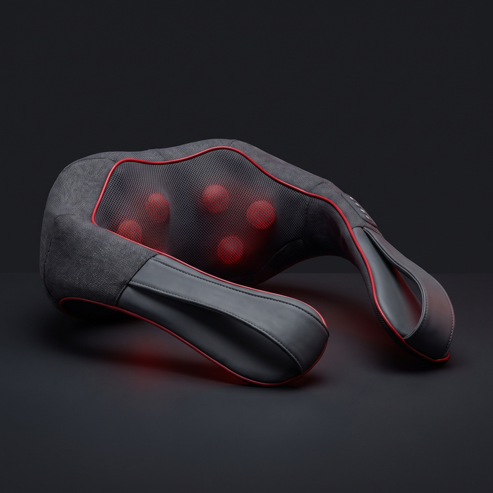 Gray neck and shoulder massager, angled view highlighting ergonomic shape and kneading nodes