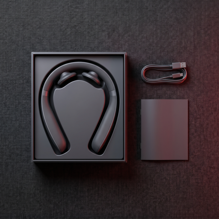 Packaging flat lay with gray massager, charging cable, and manual