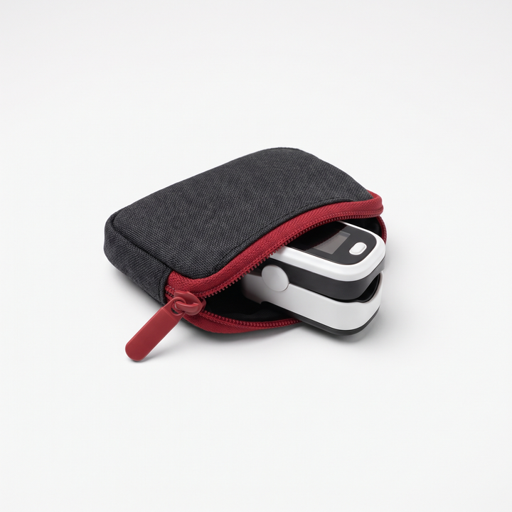 Finger pulse oximeter with its compact carrying pouch for portable daily use