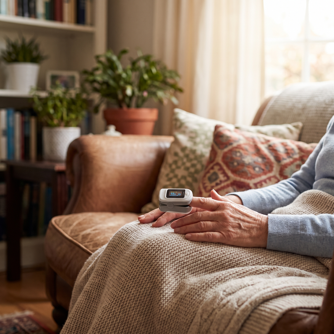 Person relaxing in a home armchair while checking a finger pulse oximeter reading