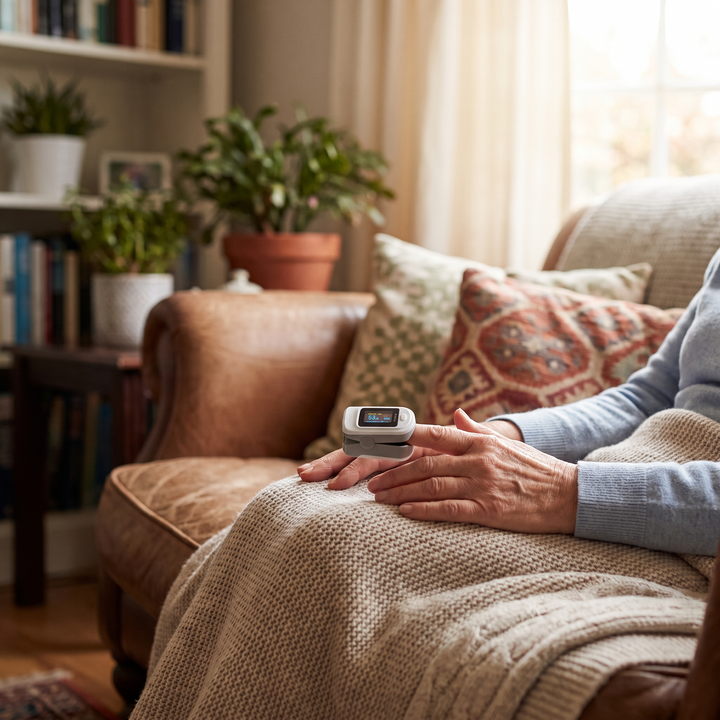 Person relaxing in a home armchair while checking a finger pulse oximeter reading