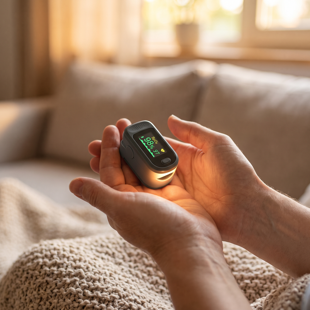 Hands holding a finger pulse oximeter with its display lit for an at-home health check