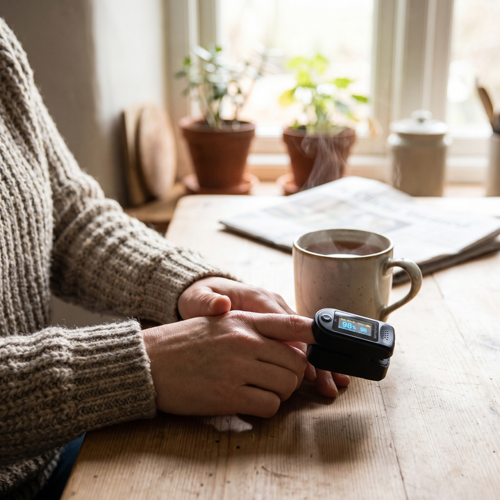 Person checking a finger pulse oximeter reading at the kitchen table as part of a daily wellness habit