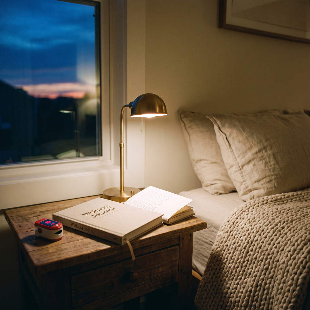 Finger pulse oximeter resting on a bedroom nightstand as part of a home wellness tracking routine