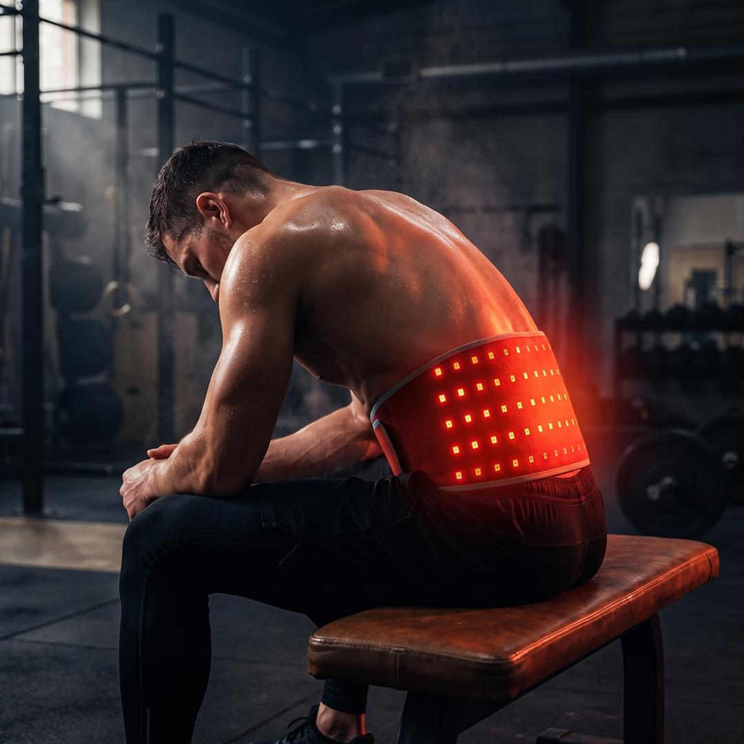 Athlete wearing the red light infrared heat wrap belt during post-workout recovery