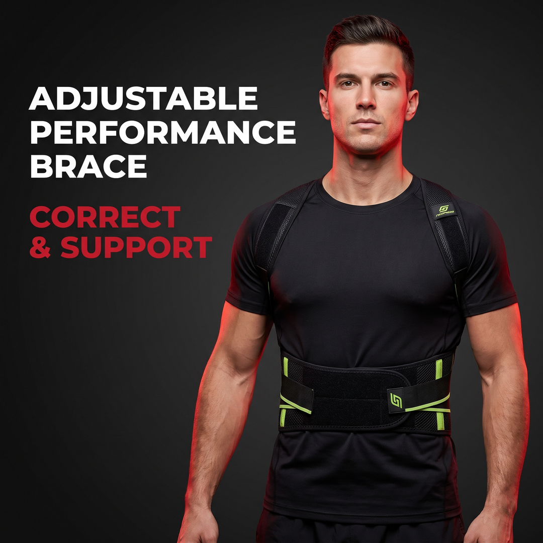 PHYSIOATHLETX adjustable posture support brace in black with green accent straps, front view, upright shoulder alignment