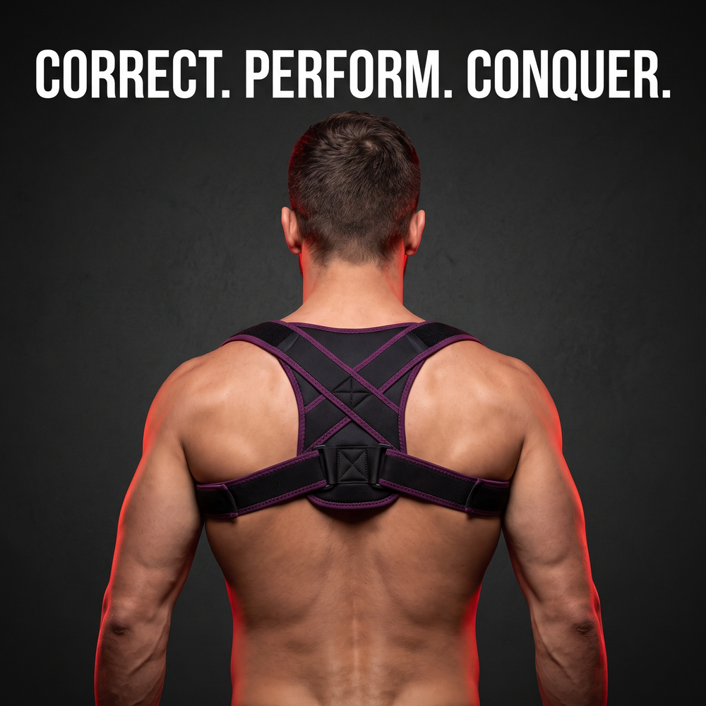 Back view of PHYSIOATHLETX black and purple posture support brace showing reinforced upper-back support panel and adjustable straps