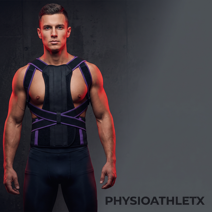 PHYSIOATHLETX adjustable posture support brace in black with purple accent straps, front view, upright shoulder alignment for gym and office wear