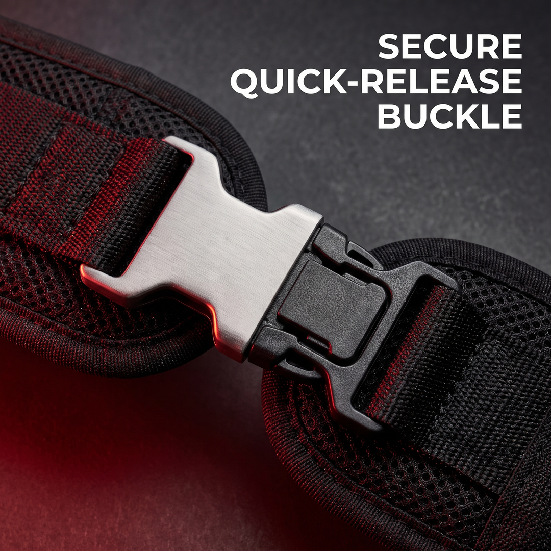 Close-up of the secure quick-release buckle closure on the PHYSIOATHLETX posture support brace