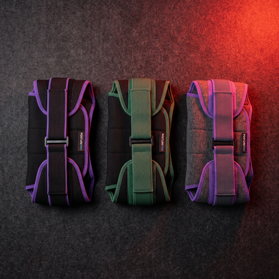 PHYSIOATHLETX posture support brace shown in all three colorways: black/purple, black/green, and grey/purple