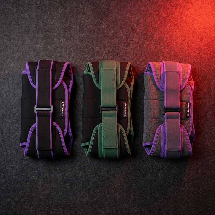 PHYSIOATHLETX posture support brace shown in all three colorways: black/purple, black/green, and grey/purple