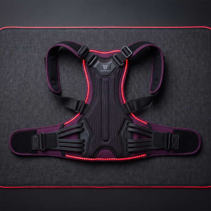 Top-down flat view of the PHYSIOATHLETX black and purple posture support brace showing full strap layout