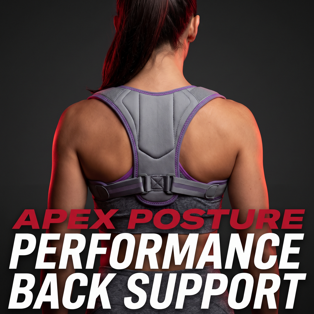 Back view of PHYSIOATHLETX grey and purple posture support brace showing reinforced upper-back support panel and buckle closure