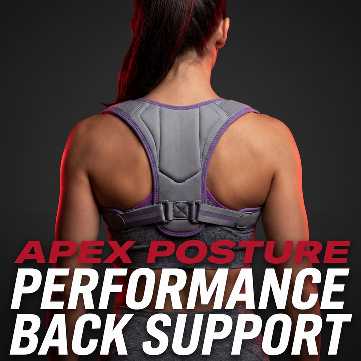Back view of PHYSIOATHLETX grey and purple posture support brace showing reinforced upper-back support panel and buckle closure