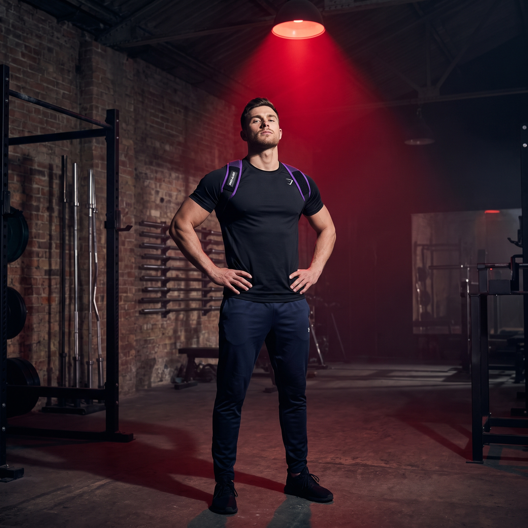Man wearing PHYSIOATHLETX black and purple posture support brace in an industrial gym setting, upright confident posture