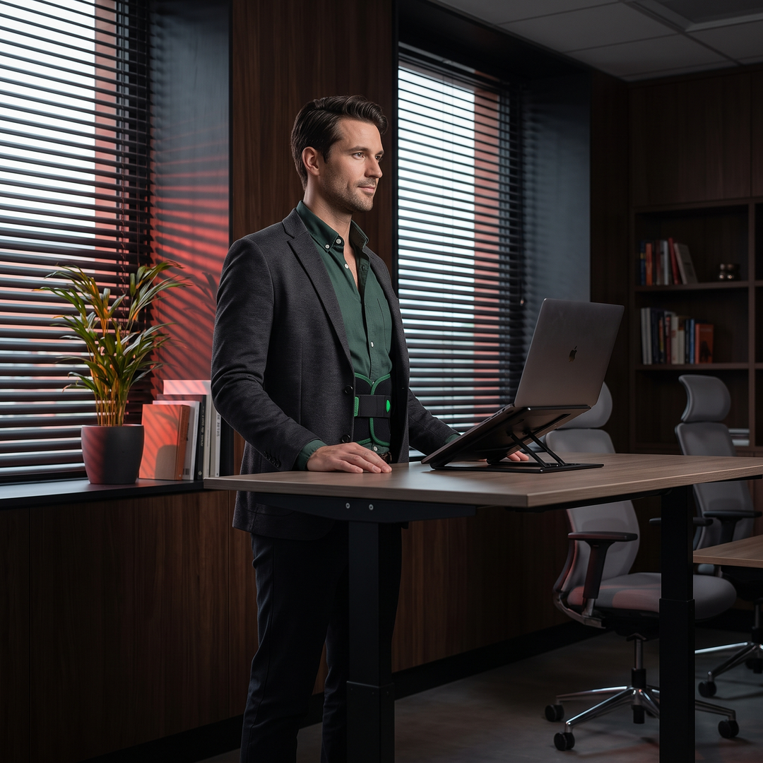 Professional wearing PHYSIOATHLETX black and green posture support brace at a standing desk in a modern office