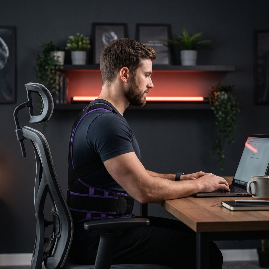 Man wearing PHYSIOATHLETX black and purple posture support brace while working at a home-office desk, upright ergonomic posture