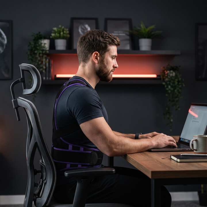 Man wearing PHYSIOATHLETX black and purple posture support brace while working at a home-office desk, upright ergonomic posture