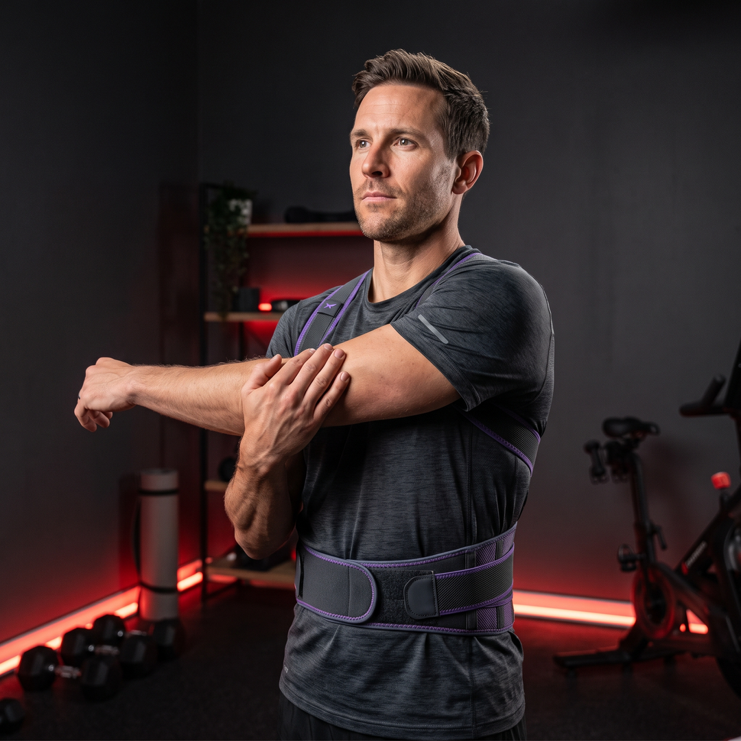 Man wearing PHYSIOATHLETX grey and purple posture support brace while stretching in a home gym, upright shoulder alignment