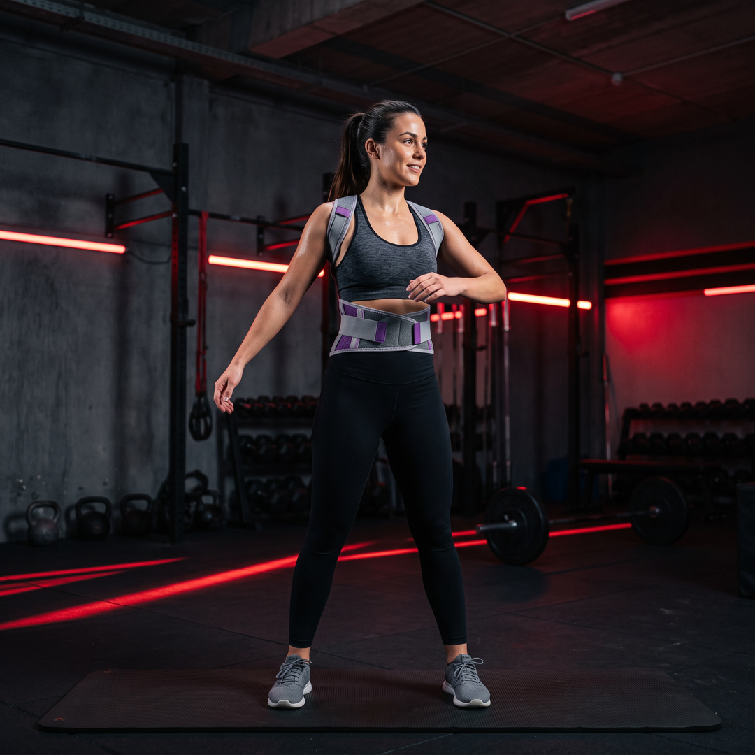 Woman wearing PHYSIOATHLETX grey and purple posture support brace during a gym warm-up routine
