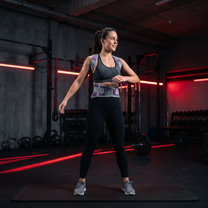 Woman wearing PHYSIOATHLETX grey and purple posture support brace during a gym warm-up routine
