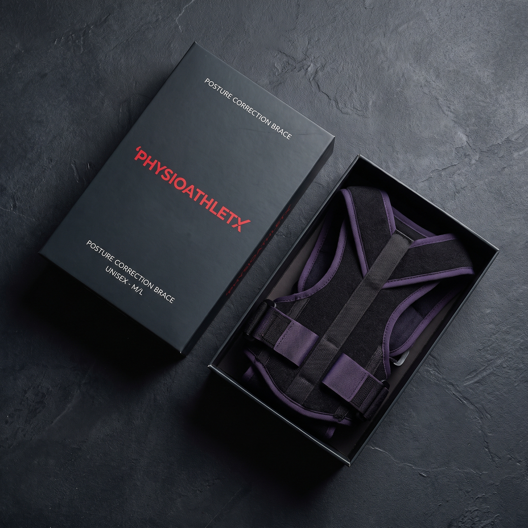 PHYSIOATHLETX posture support brace packaging flat lay with black and purple colorway