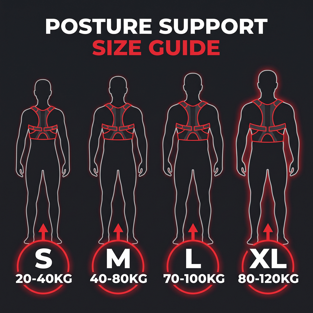 PHYSIOATHLETX posture support brace size and weight-range guide: S 20-40kg, M 40-80kg, L 70-100kg, XL 80-120kg