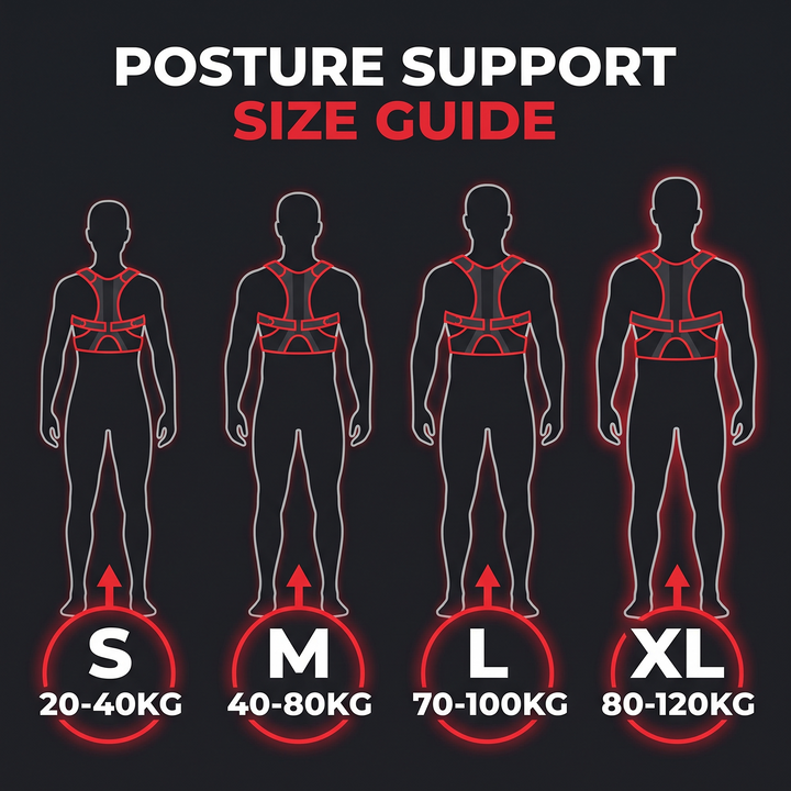 PHYSIOATHLETX posture support brace size and weight-range guide: S 20-40kg, M 40-80kg, L 70-100kg, XL 80-120kg