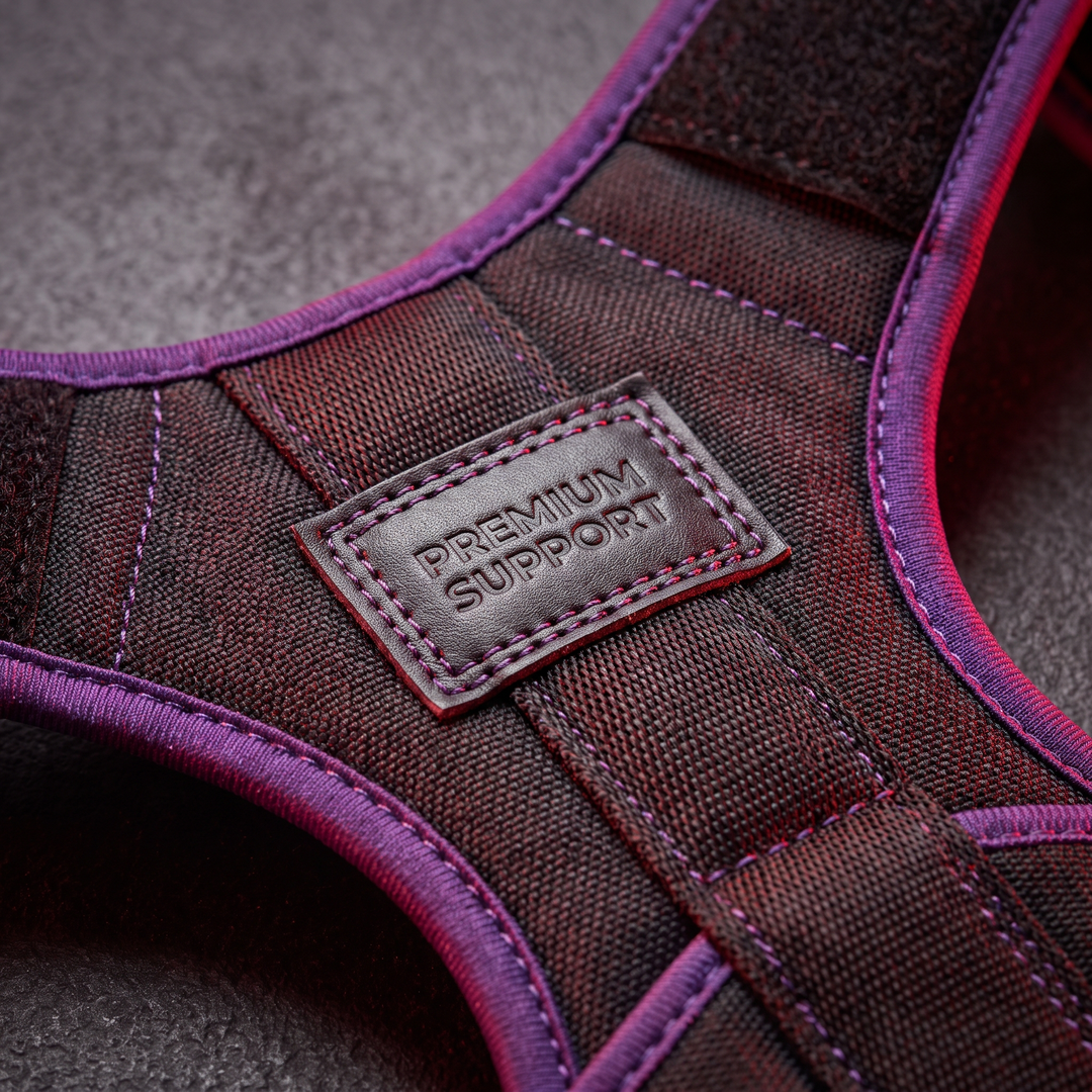 Close-up of premium stitching and material quality on the PHYSIOATHLETX black and purple posture support brace
