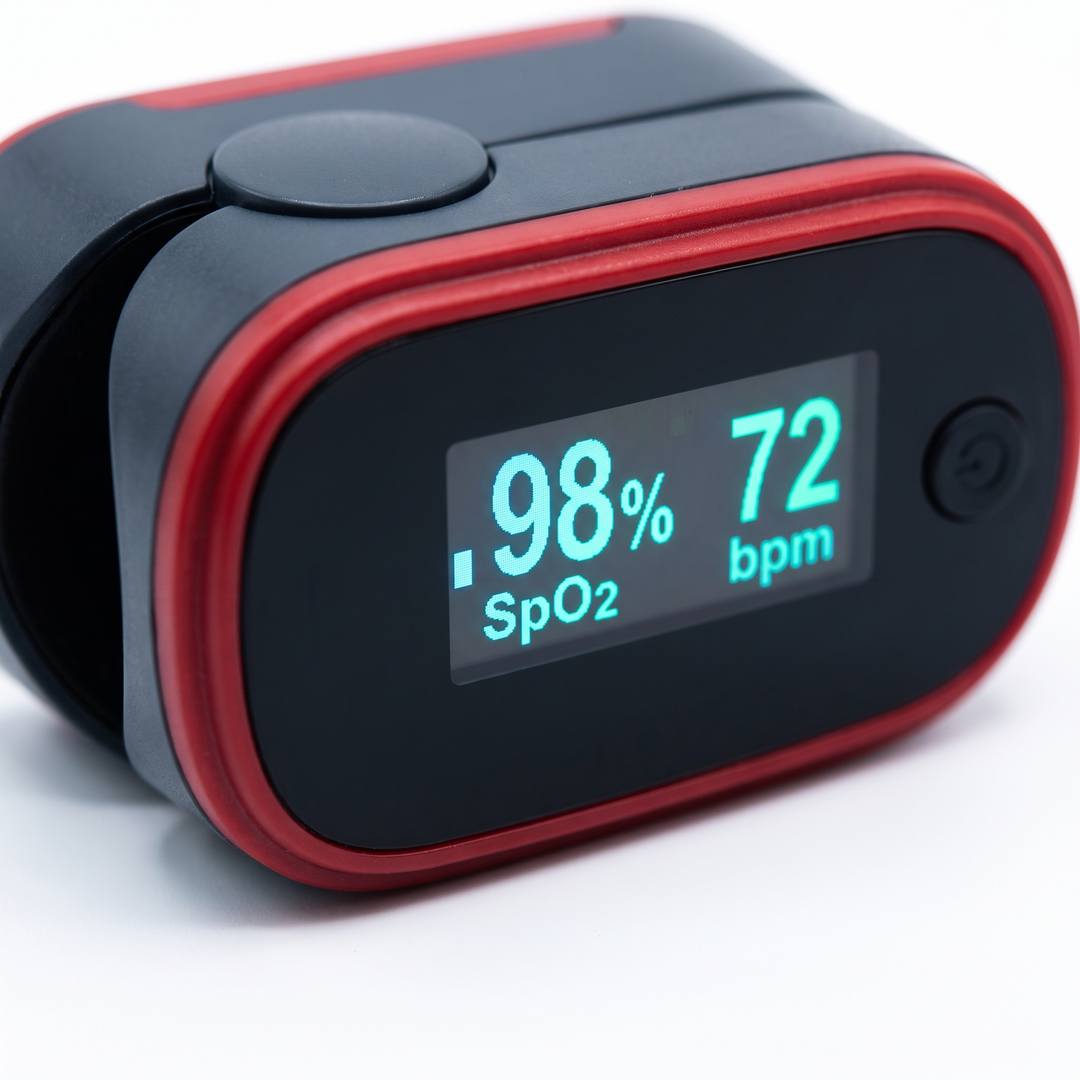 Pulse oximeter backlit display showing heart rate and blood oxygen saturation reading