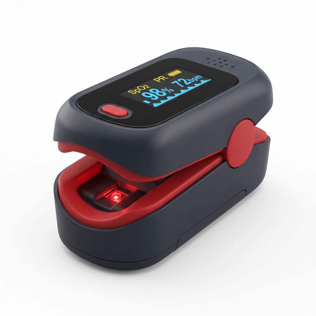 Portable pulse oximeter with finger sensor clip open for home use