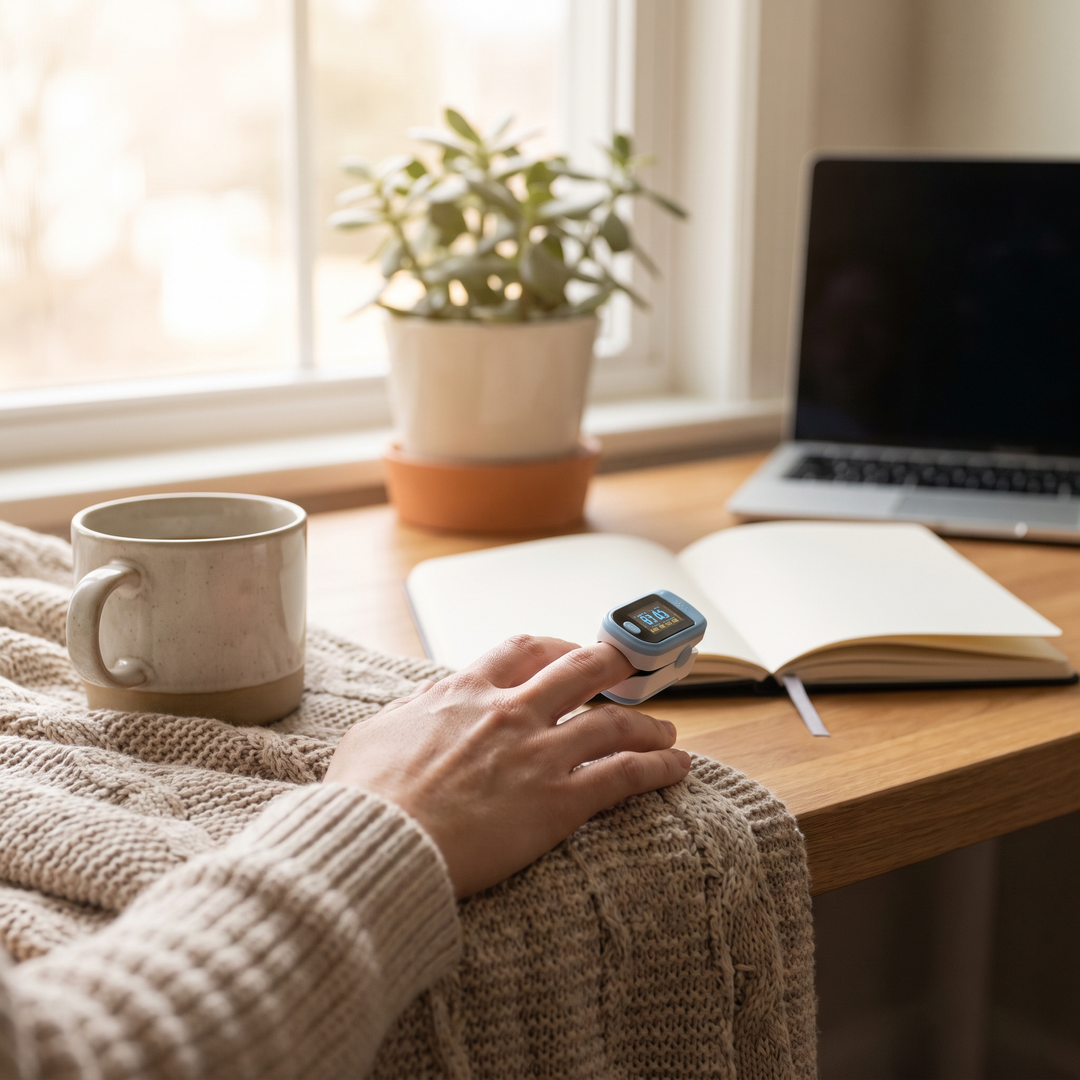 Person using portable pulse oximeter at home desk to track blood oxygen levels