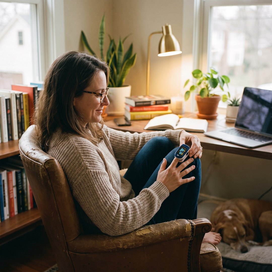 Person reviewing pulse oximeter heart rate and oxygen reading at home