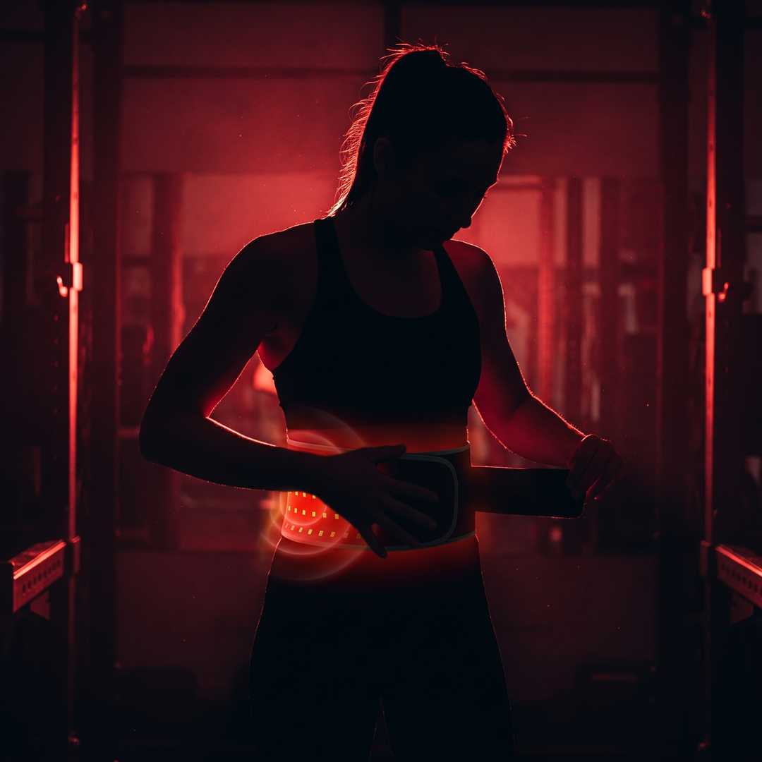 Athlete adjusting the heat wrap belt strap in a dark gym recovery setting