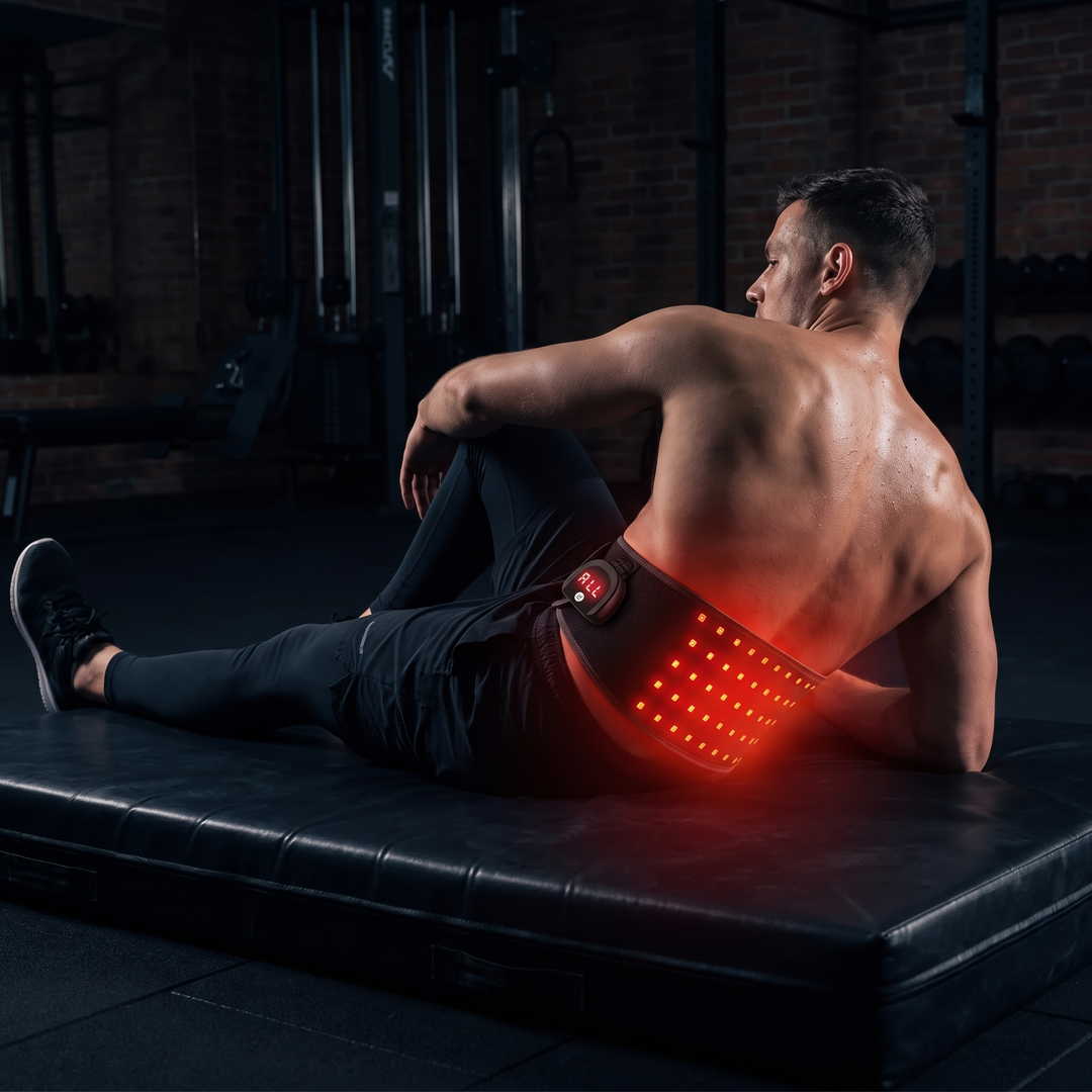 Athlete relaxing in a stretch pose wearing the heat wrap belt for recovery
