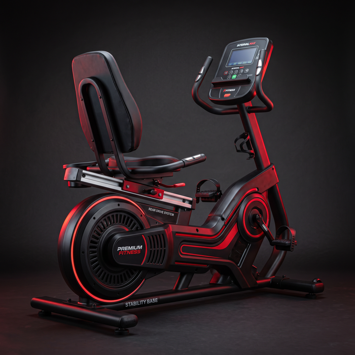 Recumbent Exercise Bike Magnetic Resistance Stationary Bike Bluetooth App LCD Display Heart Rate Monitor Home Gym Cardio Fitness Bike Low Impact - rear angle view