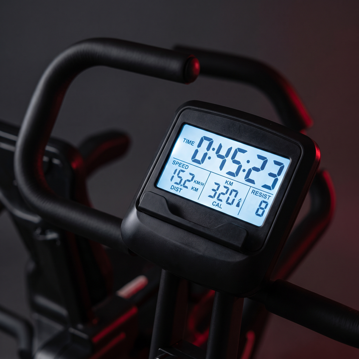 PhysioAthletX Adjustable Recumbent Exercise Bike - LCD display showing workout metrics