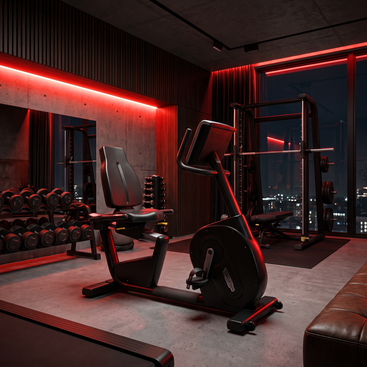 Recumbent Exercise Bike Magnetic Resistance Stationary Bike Bluetooth App LCD Display Heart Rate Monitor Home Gym Cardio Fitness Bike Low Impact - lifestyle wide dark gym ambiance