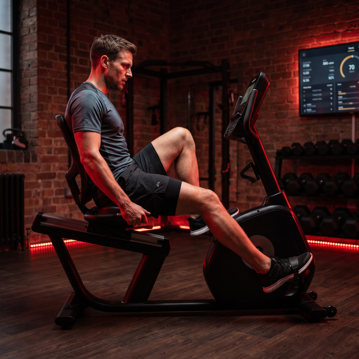 Recumbent Exercise Bike Magnetic Resistance Stationary Bike Bluetooth App LCD Display Heart Rate Monitor Home Gym Cardio Fitness Bike Low Impact - lifestyle pedaling side view