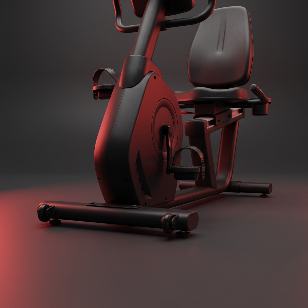 PhysioAthletX Adjustable Recumbent Exercise Bike - low front angle showing stable base frame
