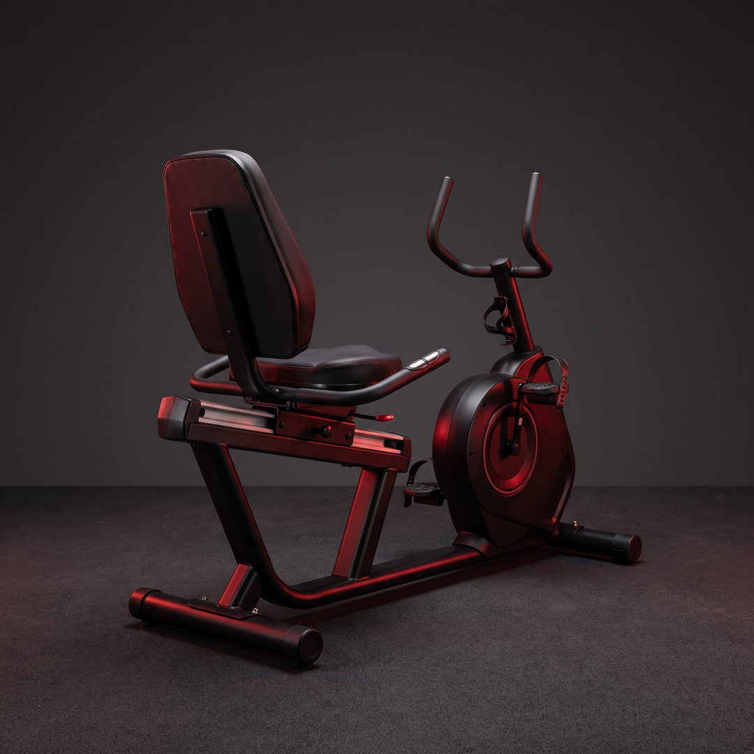 PhysioAthletX Adjustable Recumbent Exercise Bike - rear 3/4 angle showing backrest