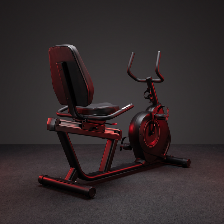 PhysioAthletX Adjustable Recumbent Exercise Bike - rear 3/4 angle showing backrest
