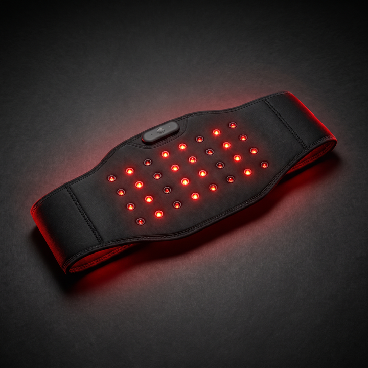 Black red light and infrared LED heat wrap recovery belt laid flat, dark charcoal studio with red accent lighting