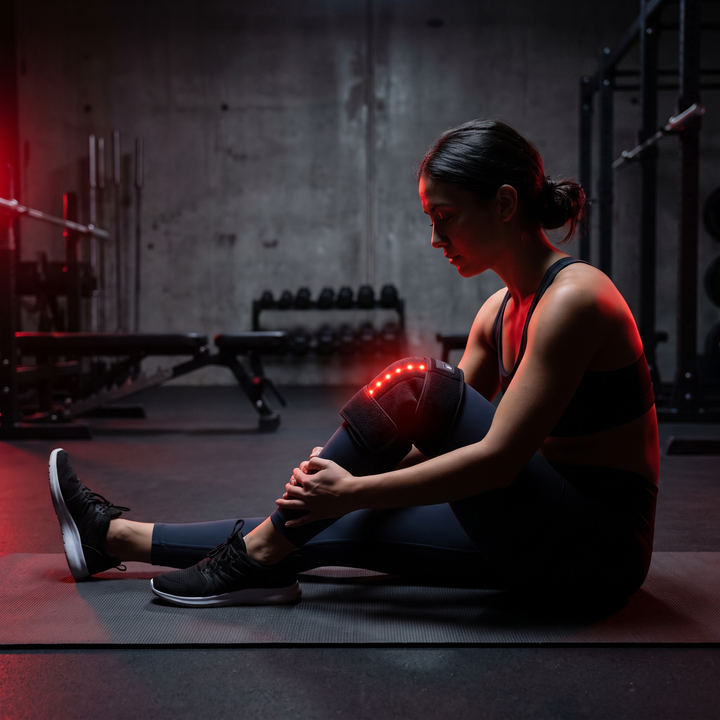 Athlete wearing black LED heat wrap on knee during a recovery stretch in a dark gym