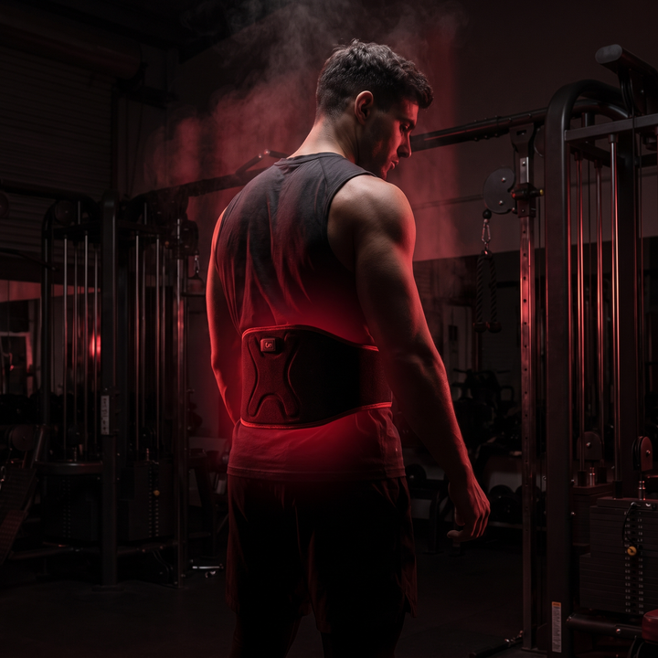 Athlete wearing black LED heat wrap on lower back during a recovery session in a dark gym