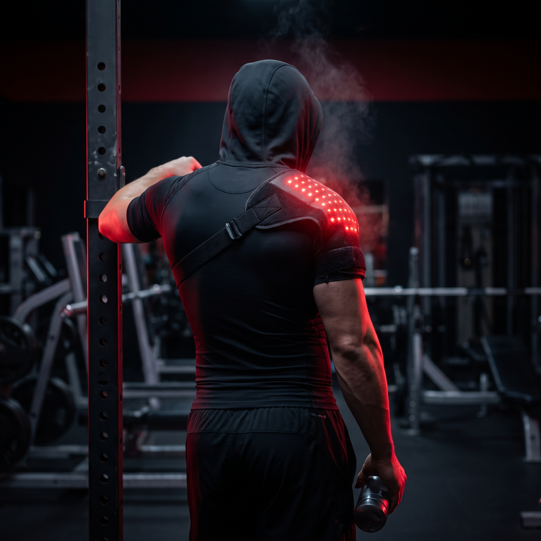 Athlete wearing black LED heat wrap on shoulder during a recovery session in a dark gym