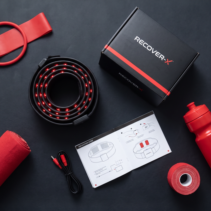 Flat lay of black recovery heat wrap with box, power adapter cable, and instruction guide