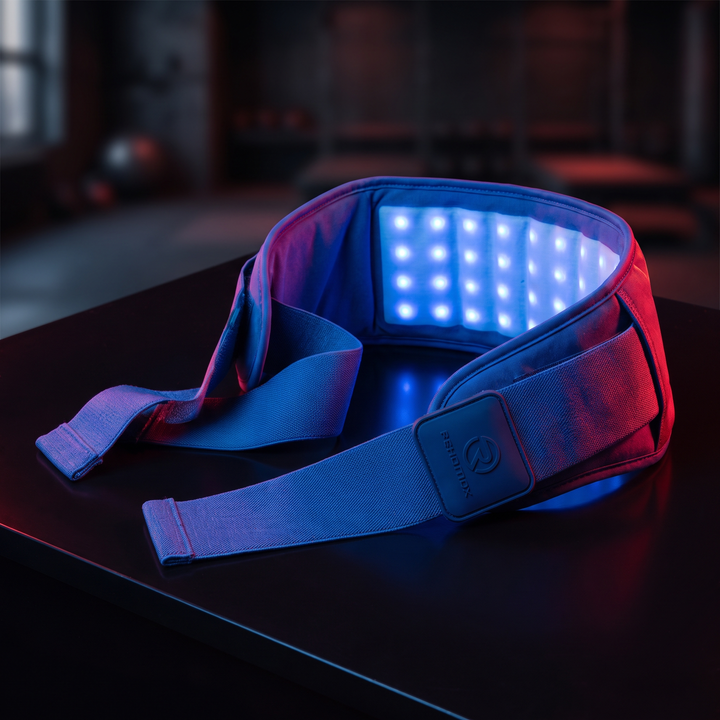 Blue LED heat wrap recovery belt three-quarter angle hero shot with straps unfastened